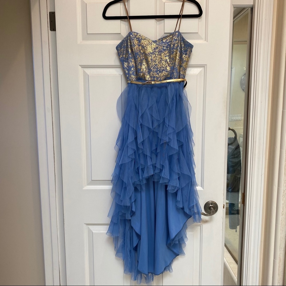 High-low periwinkle and gold dress